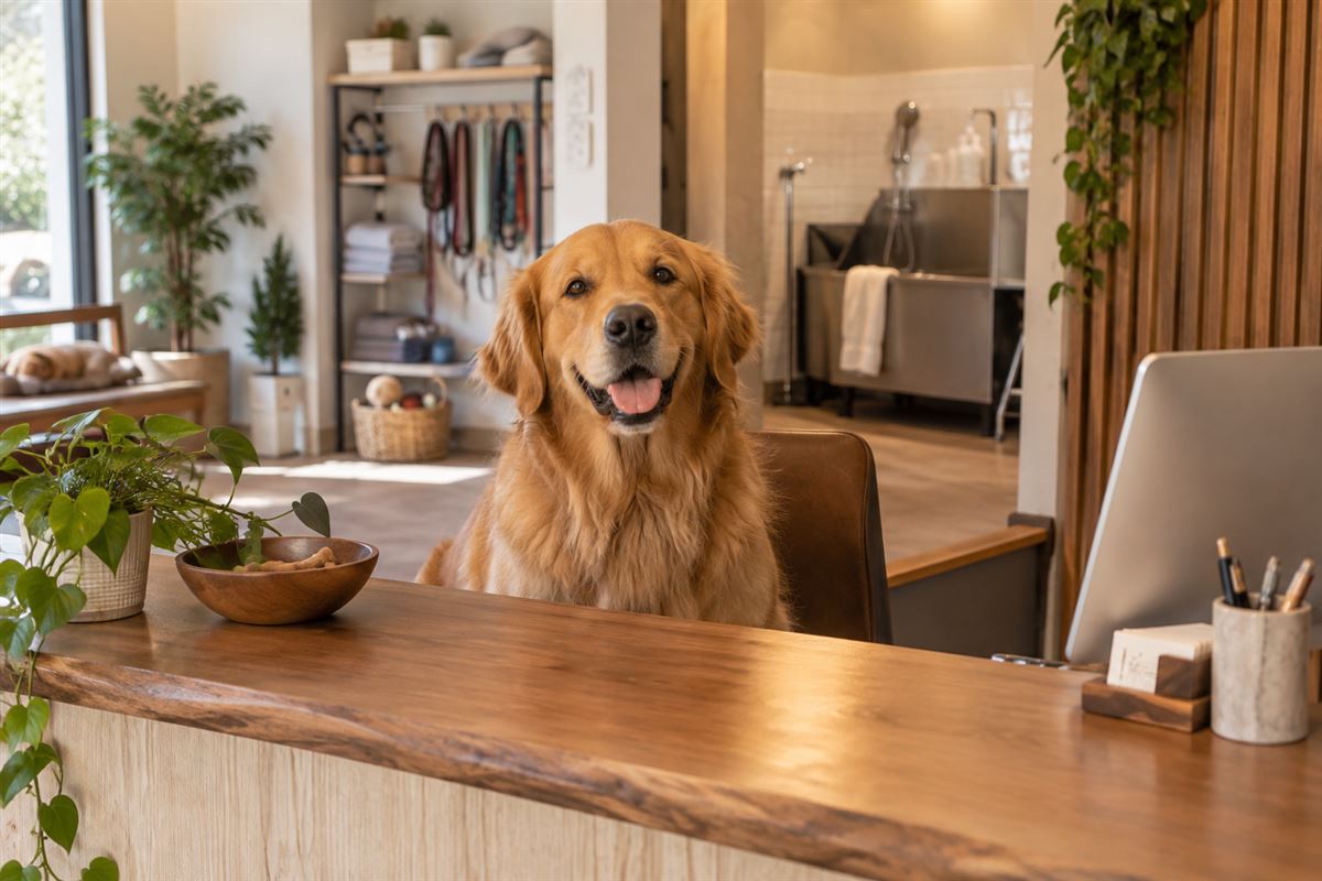 Dog at the reception of a boarding and grooming salon